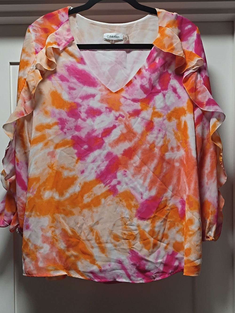 Calvin Klein Pink & Orange Tie-Dye Ruffle Sleeve V-Neck Blouse